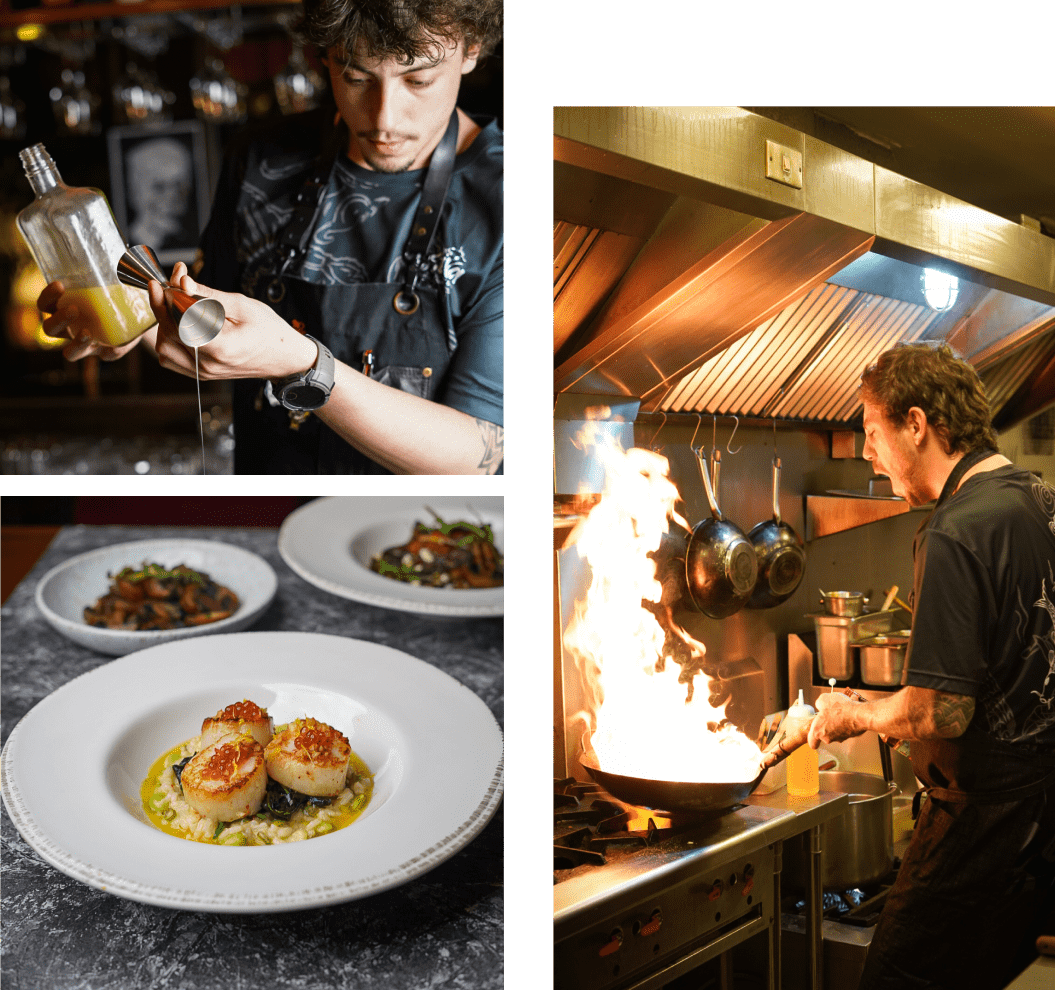 Three images of Chef Nikola Lesar at Issara, pours oil into a pan. Bottom left, a dish with three scallops is plated. Right, Chef Nikola Lesar cooks at a stove with flames rising from a pan.